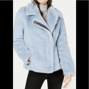 Calvin Klein faux fur jacket coat asymmetrical blue M